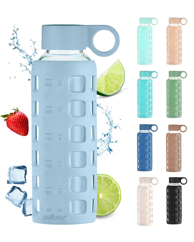 purifyou Premium 40/32 / 22/12 oz Glass Water Bottles with Volume & Times to Drink  Silicone Sleeve & Stainless Steel Lid Insert  Reusable Bottle for Fridge Water  Milk  Juice (12oz Ice Blue)