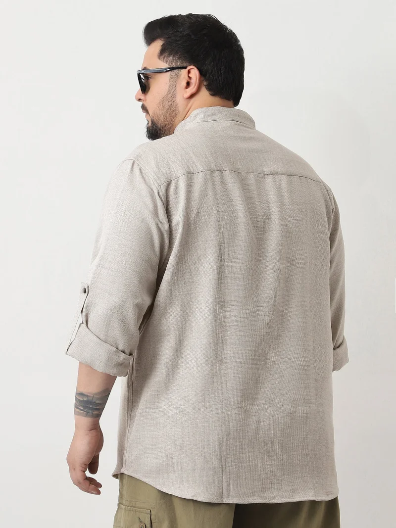 Urbano Fashion  Urbano Plus Men's Beige Linen Blend Full Sleeve Relaxed Fit Mandarin Collar Casual Solid Shirt  | Best Price UAE