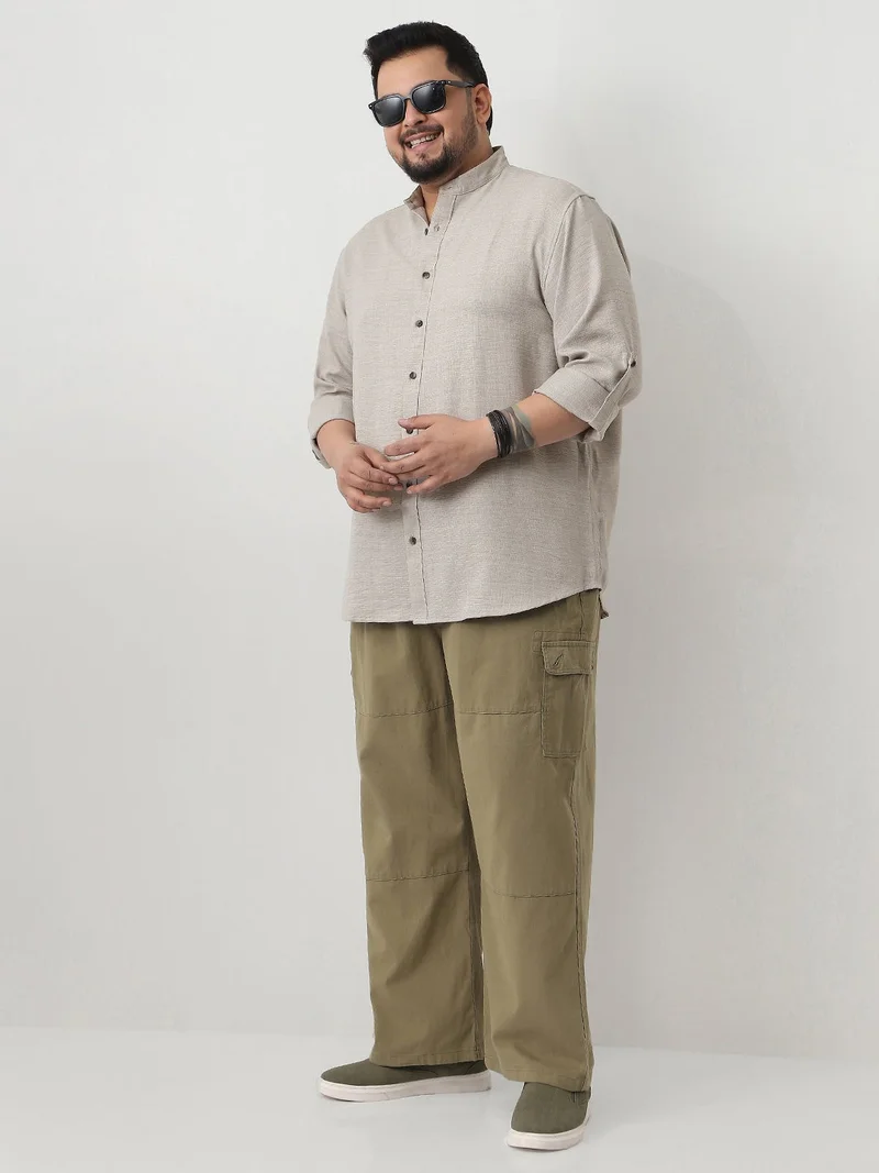 Urbano Fashion  Urbano Plus Men's Beige Linen Blend Full Sleeve Relaxed Fit Mandarin Collar Casual Solid Shirt  | Best Price UAE
