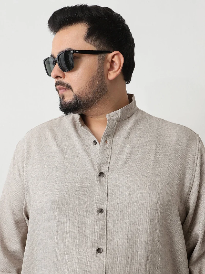 Urbano Fashion  Urbano Plus Men's Beige Linen Blend Full Sleeve Relaxed Fit Mandarin Collar Casual Solid Shirt  | Best Price UAE
