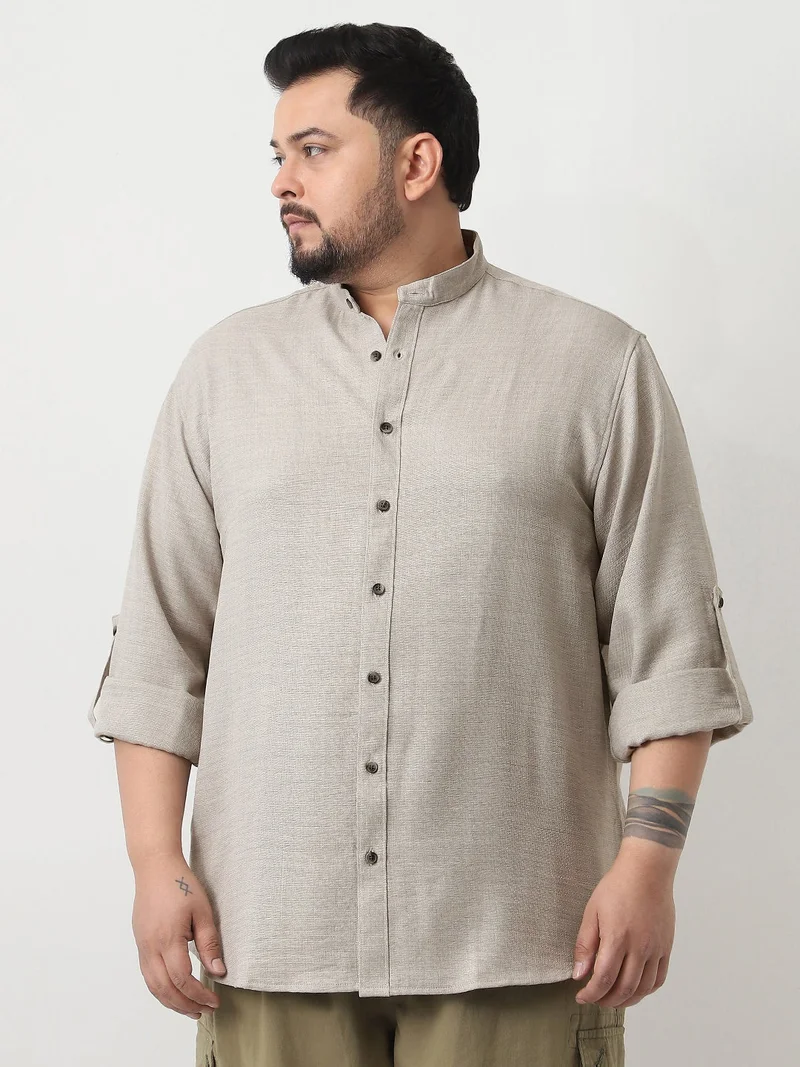 Urbano Plus Men's Beige Linen Blend Full Sleeve Relaxed Fit Mandarin Collar Casual Solid Shirt