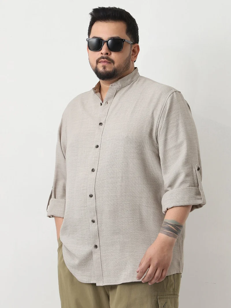 Urbano Fashion  Urbano Plus Men's Beige Linen Blend Full Sleeve Relaxed Fit Mandarin Collar Casual Solid Shirt  | Best Price UAE
