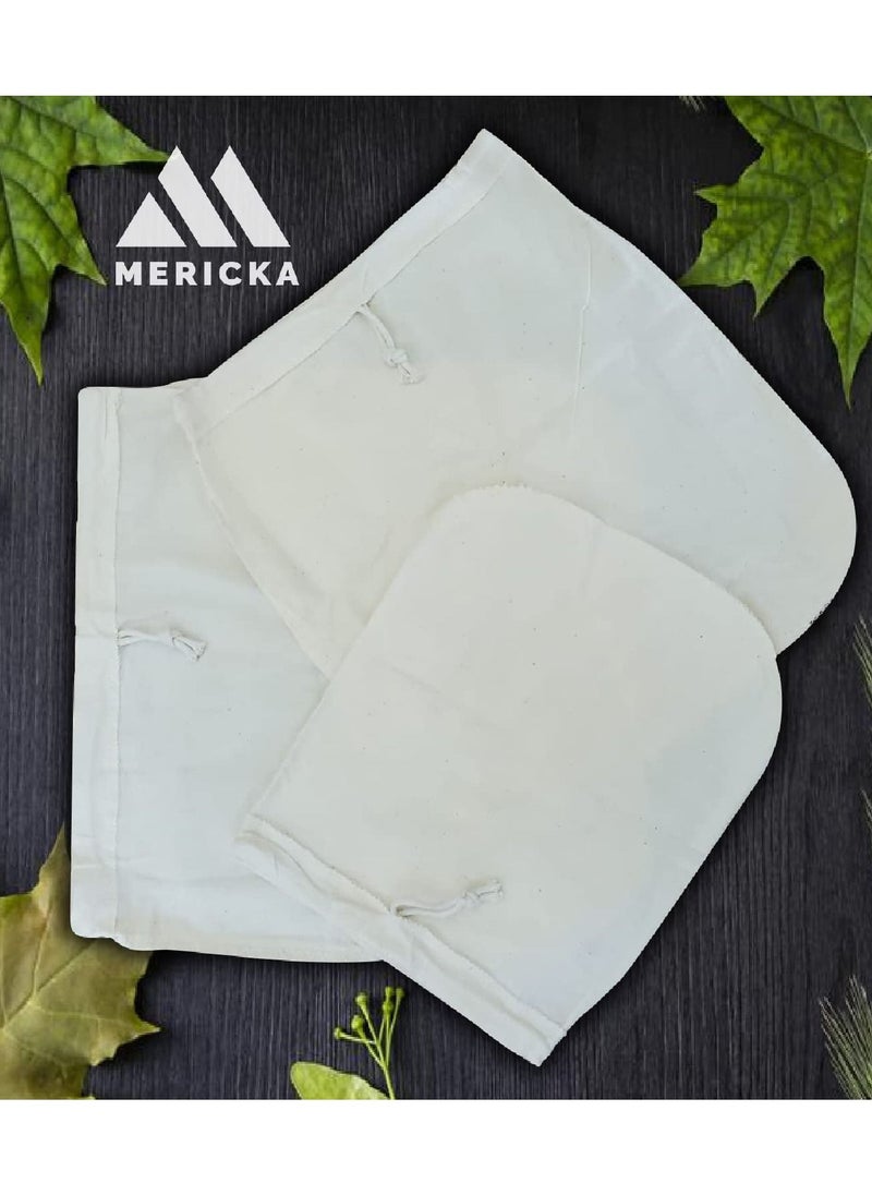 MERICKA - Cotton Pack of 3 Organic Premium Cotton Reusable Nut Milk Bags - 100% Reusable Almond Milk Bag & All Purpose Food Strainer - Fine Mesh Cheesecloth & Cold Brew Coffee Filter - Image 1