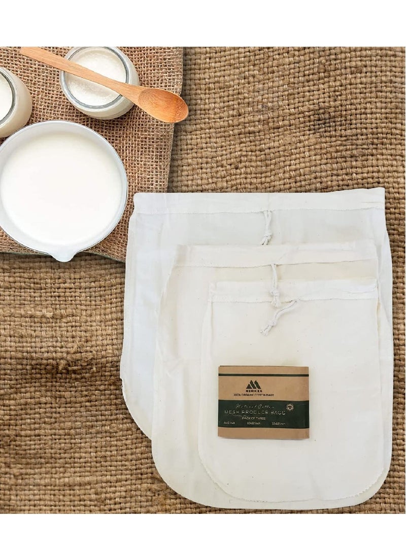 MERICKA - Cotton Pack of 3 Organic Premium Cotton Reusable Nut Milk Bags - 100% Reusable Almond Milk Bag & All Purpose Food Strainer - Fine Mesh Cheesecloth & Cold Brew Coffee Filter - Image 1