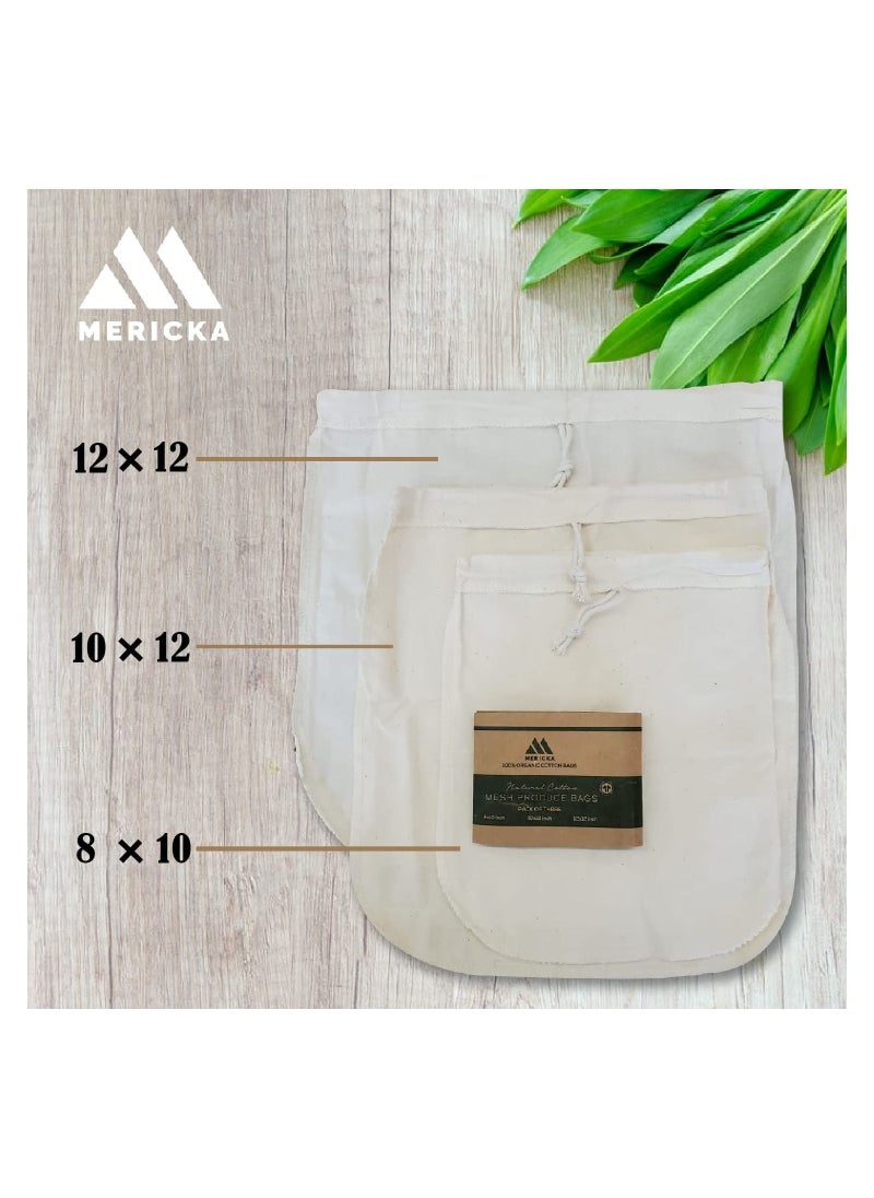 MERICKA - Cotton Pack of 3 Organic Premium Cotton Reusable Nut Milk Bags - 100% Reusable Almond Milk Bag & All Purpose Food Strainer - Fine Mesh Cheesecloth & Cold Brew Coffee Filter - Image 1