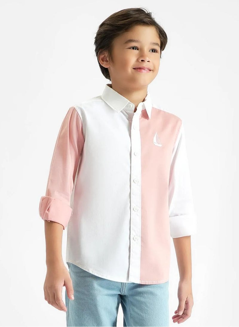 Primo Gino Cotton Lycra Full Sleeves Ship Embroidered Color Block Shirt - Pink & White  - Image 1