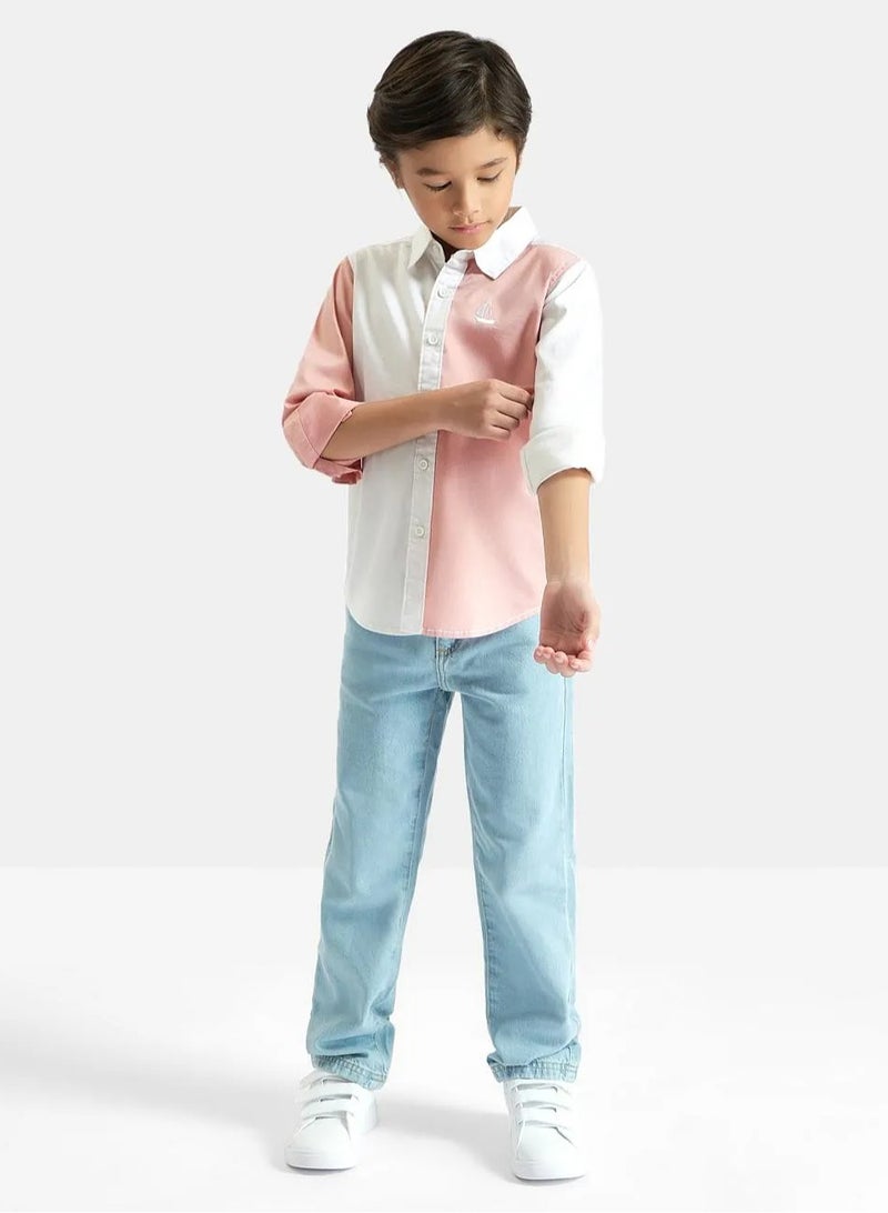 Primo Gino Cotton Lycra Full Sleeves Ship Embroidered Color Block Shirt - Pink & White  - Image 2