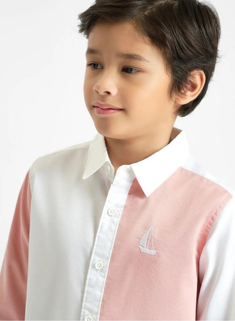 Primo Gino Cotton Lycra Full Sleeves Ship Embroidered Color Block Shirt - Pink & White  - Image 3