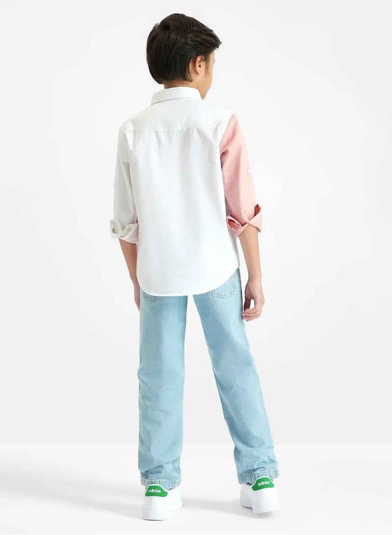 Primo Gino Cotton Lycra Full Sleeves Ship Embroidered Color Block Shirt - Pink & White  - Image 4