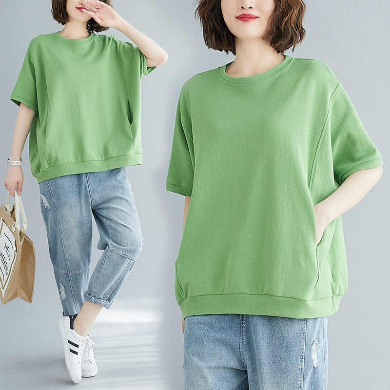 Plus Size Women'S Clothing 200 Pounds 2025 Summer Loose Plus Size Cover-Up Slimming Top Solid Color Round Neck Short-Sleeved T-Shirt - Image 3