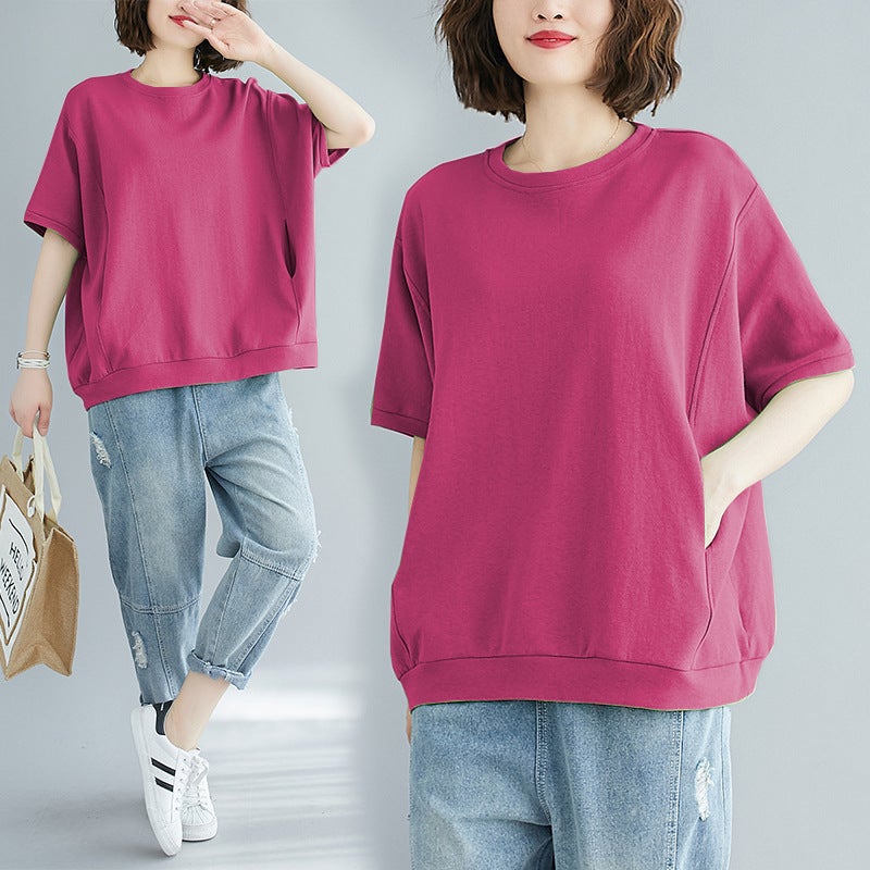 Plus Size Women'S Clothing 200 Pounds 2025 Summer Loose Plus Size Cover-Up Slimming Top Solid Color Round Neck Short-Sleeved T-Shirt - Image 2