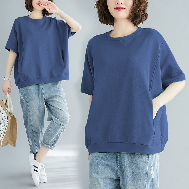 Plus Size Women'S Clothing 200 Pounds 2025 Summer Loose Plus Size Cover-Up Slimming Top Solid Color Round Neck Short-Sleeved T-Shirt - Image 5