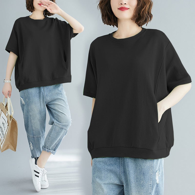 Plus Size Women'S Clothing 200 Pounds 2025 Summer Loose Plus Size Cover-Up Slimming Top Solid Color Round Neck Short-Sleeved T-Shirt - Image 1