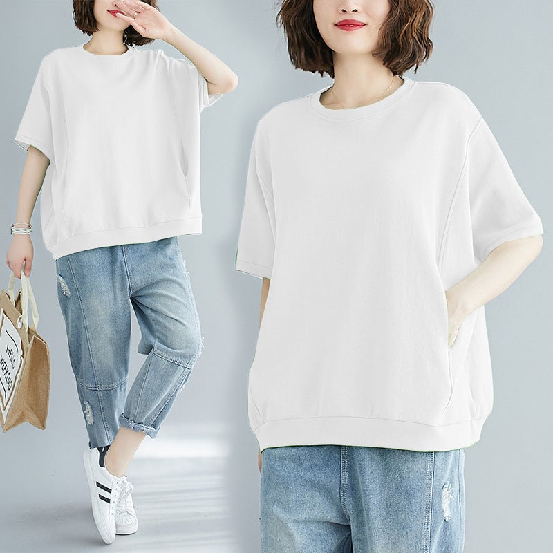 Plus Size Women'S Clothing 200 Pounds 2025 Summer Loose Plus Size Cover-Up Slimming Top Solid Color Round Neck Short-Sleeved T-Shirt - Image 4