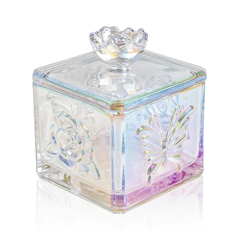 WHJY Cute Glass Candy Jar with Lid, Iridescent Colored Glass Candy Jar for Office Desk,Colorful Candy Dishes for Candy Buffet, Cookie Jar 4.5â€ Tall - Image 1