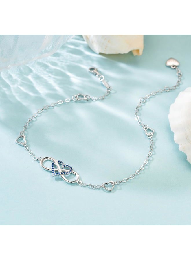 BlingGem سوار كاحل للنساء من فضة 925 مطلي بالذهب الأبيض علامة اللانهاية سلسلة وردية صيفية هدية عيد ميلاد ذكرى سنوية لصديقة أو زوجة عطلة 27.5 سم، مقاس موحد، معدن، زركونيا مكعبة - Image 3