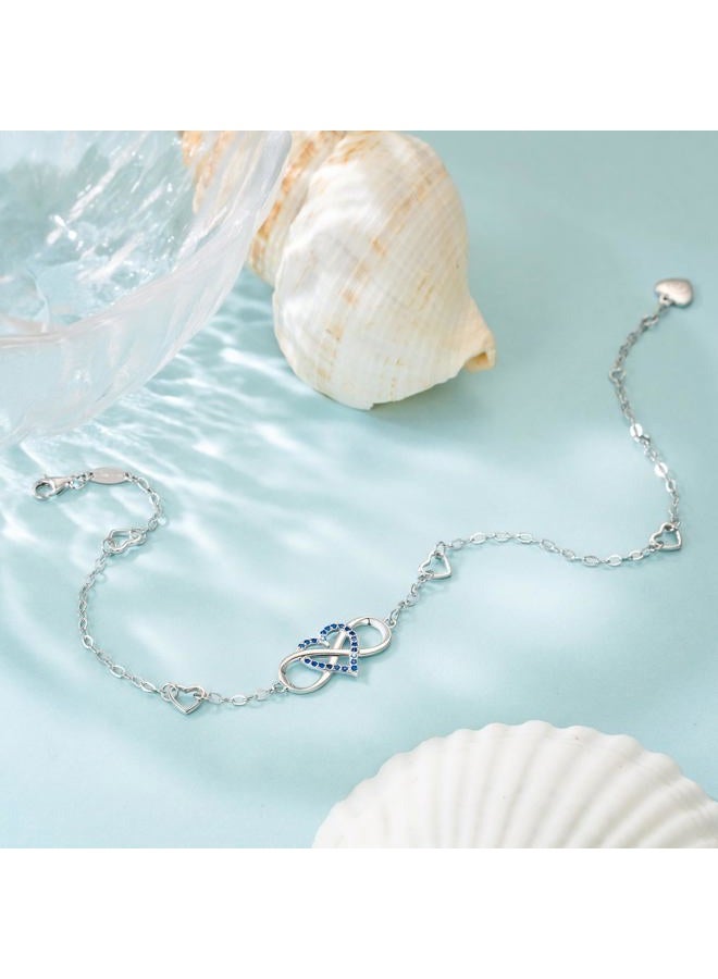 BlingGem سوار كاحل للنساء من فضة 925 مطلي بالذهب الأبيض علامة اللانهاية سلسلة وردية صيفية هدية عيد ميلاد ذكرى سنوية لصديقة أو زوجة عطلة 27.5 سم، مقاس موحد، معدن، زركونيا مكعبة - Image 2