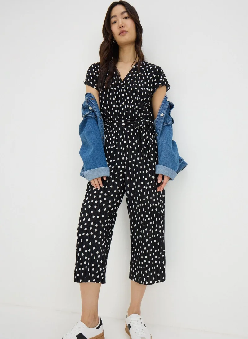 Matalan Black Monochrome Spot Plisse Culotte Jumpsuit