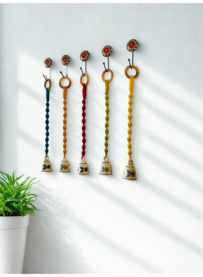 Shopping Shots Ceramic Hand-Painted Macrame Bell Bohemian- Flowers Printed Pack of 5 Small Size Ringing Bells (Size 3 inch) with Complementary Ceramic Hooks - Image 1