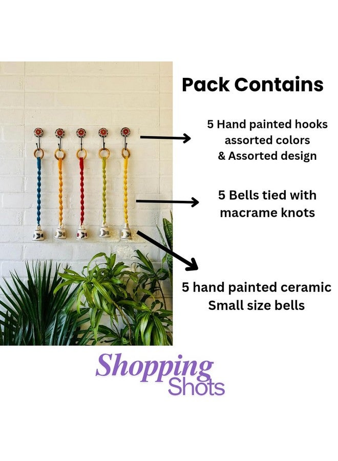Shopping Shots Ceramic Hand-Painted Macrame Bell Bohemian- Flowers Printed Pack of 5 Small Size Ringing Bells (Size 3 inch) with Complementary Ceramic Hooks - Image 3
