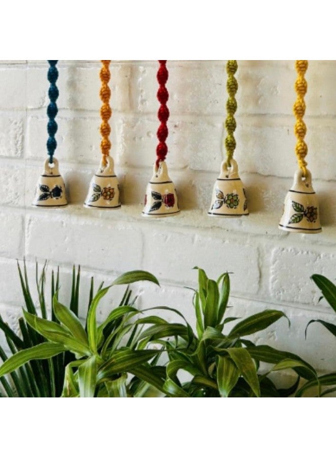 Shopping Shots Ceramic Hand-Painted Macrame Bell Bohemian- Flowers Printed Pack of 5 Small Size Ringing Bells (Size 3 inch) with Complementary Ceramic Hooks - Image 4