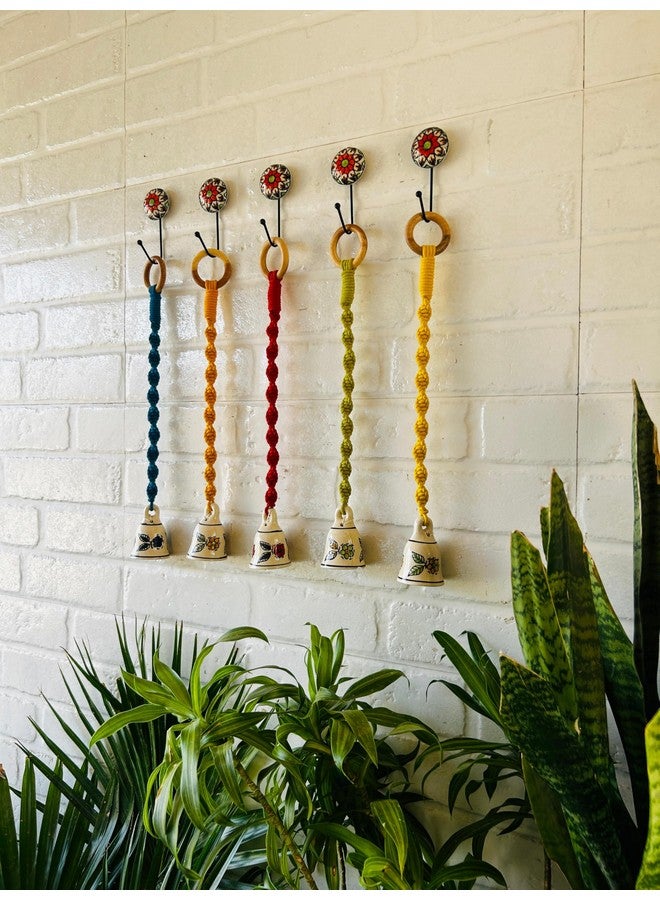 Shopping Shots Ceramic Hand-Painted Macrame Bell Bohemian- Flowers Printed Pack of 5 Small Size Ringing Bells (Size 3 inch) with Complementary Ceramic Hooks - Image 2