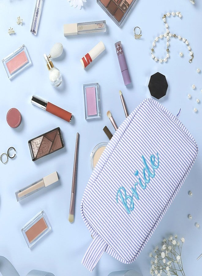 Etercycle Bride Makeup Bag, Blue Striped Cosmetic Bag Embroidery Bridal Shower Gifts, Large Travel Make Up Bags with Inside Pockets Toiletry Bag for Women Wedding Engagement Bachelorette Party - Image 3