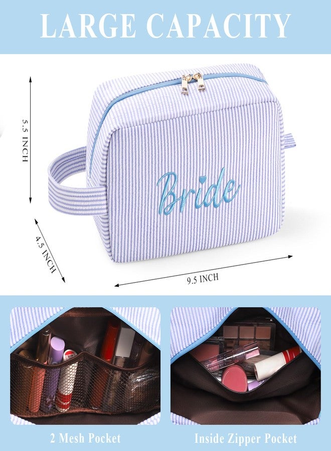 Etercycle Bride Makeup Bag, Blue Striped Cosmetic Bag Embroidery Bridal Shower Gifts, Large Travel Make Up Bags with Inside Pockets Toiletry Bag for Women Wedding Engagement Bachelorette Party - Image 4