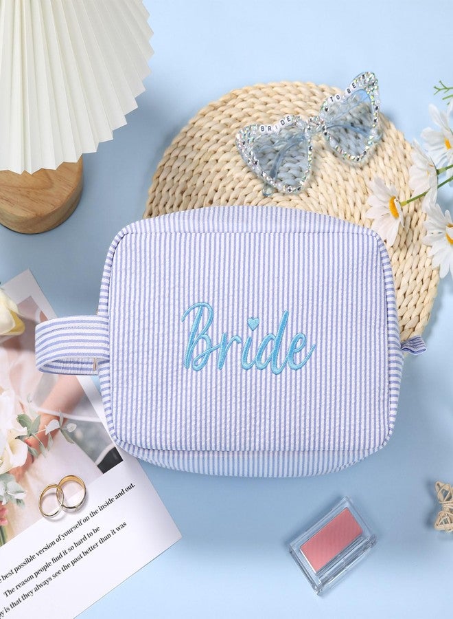Etercycle Bride Makeup Bag, Blue Striped Cosmetic Bag Embroidery Bridal Shower Gifts, Large Travel Make Up Bags with Inside Pockets Toiletry Bag for Women Wedding Engagement Bachelorette Party - Image 2