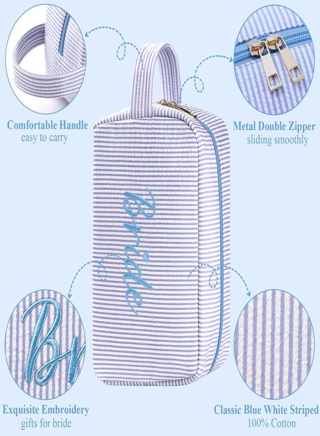 Etercycle Bride Makeup Bag, Blue Striped Cosmetic Bag Embroidery Bridal Shower Gifts, Large Travel Make Up Bags with Inside Pockets Toiletry Bag for Women Wedding Engagement Bachelorette Party - Image 5