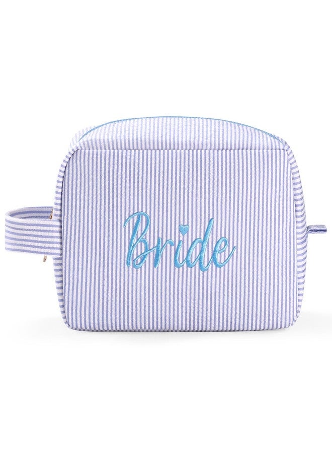 Etercycle Bride Makeup Bag, Blue Striped Cosmetic Bag Embroidery Bridal Shower Gifts, Large Travel Make Up Bags with Inside Pockets Toiletry Bag for Women Wedding Engagement Bachelorette Party - Image 1