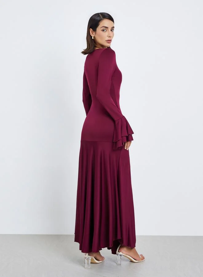 Styli  Solid Bell Sleeve Party Midi Dress for Women | Best Price UAE