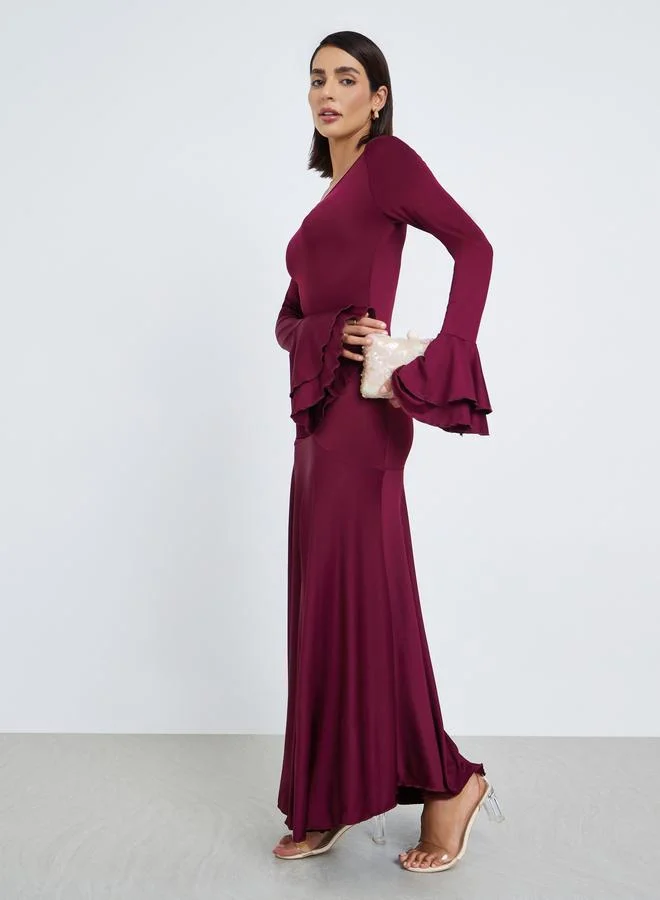 Styli  Solid Bell Sleeve Party Midi Dress for Women | Best Price UAE