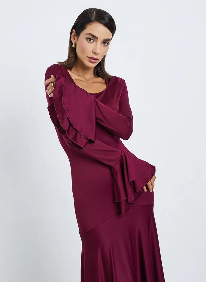 Styli  Solid Bell Sleeve Party Midi Dress for Women | Best Price UAE