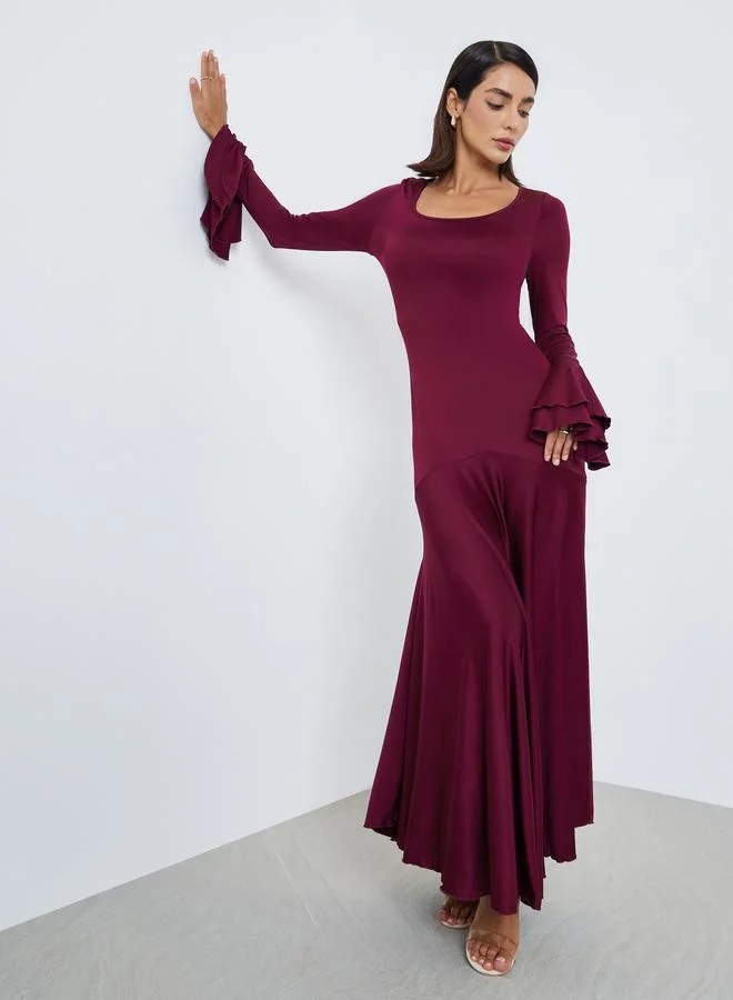 Solid Bell Sleeve Party Midi Dress