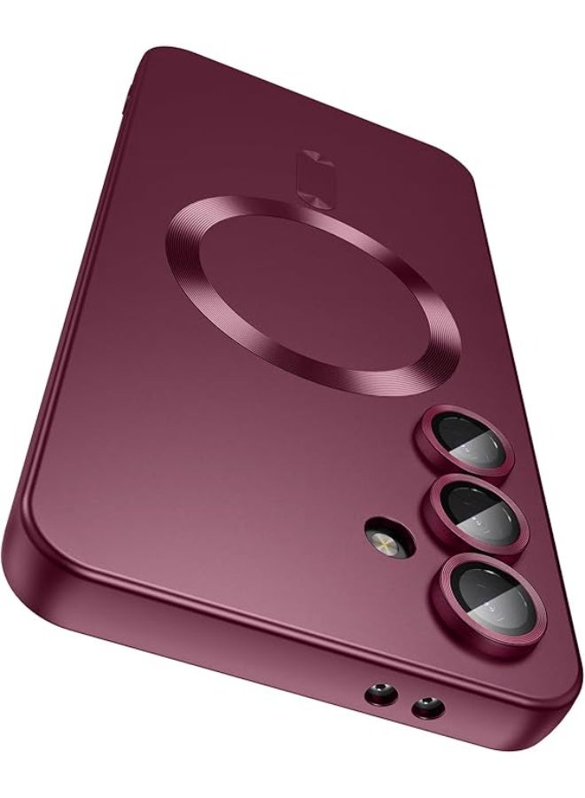 جراب مغناطيسي متوافق مع هاتف Samsung A16، متوافق مع MagSafe، واقي مدمج لعدسة الكاميرا، جراب هاتف رفيع وناعم من السيليكون المقاوم للصدمات لامع معدني (أحمر نبيذي) - Image 1