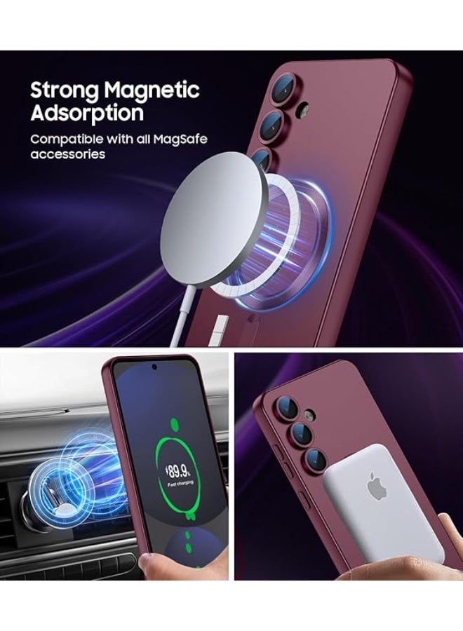 جراب مغناطيسي متوافق مع هاتف Samsung A16، متوافق مع MagSafe، واقي مدمج لعدسة الكاميرا، جراب هاتف رفيع وناعم من السيليكون المقاوم للصدمات لامع معدني (أحمر نبيذي) - Image 4