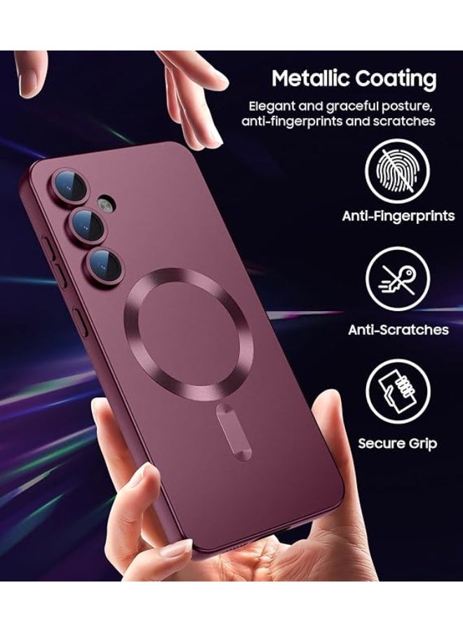 جراب مغناطيسي متوافق مع هاتف Samsung A16، متوافق مع MagSafe، واقي مدمج لعدسة الكاميرا، جراب هاتف رفيع وناعم من السيليكون المقاوم للصدمات لامع معدني (أحمر نبيذي) - Image 2