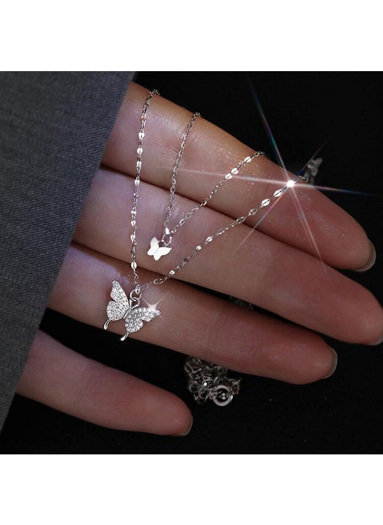 Generic - Elegant Double-Layer Butterfly Necklace S925 SterlingDouble Butterfly Necklace-Silver Double Butterfly Necklace-Silver - Image 1
