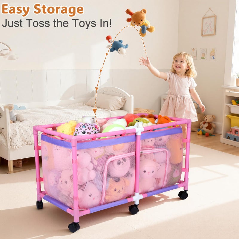 FIOBEE Toy Box for Girls Boys with See-Through Mesh & 360Â° Rotating Wheels Toy Chest Organizer Easy Install Stuffed Animal Storage for Nursery Playroom Toy Storage Bin, Pink - Image 2