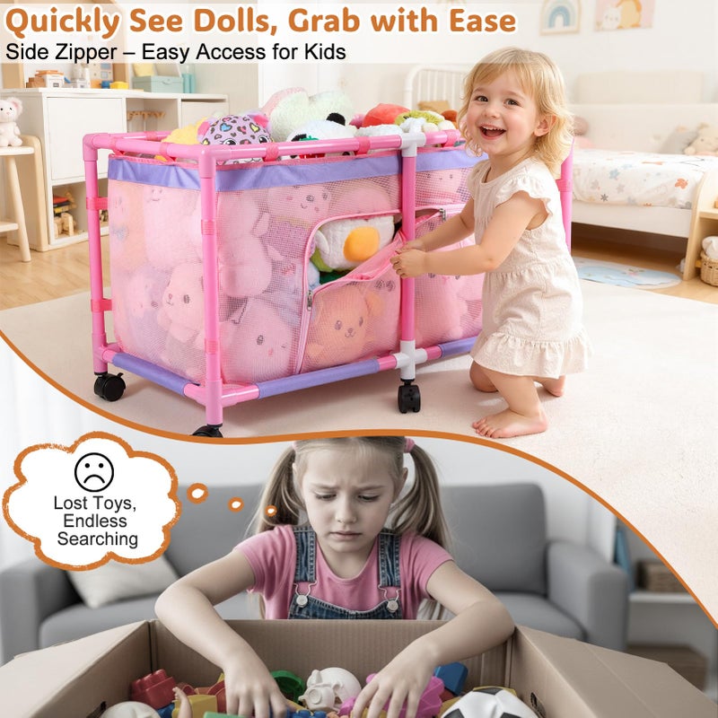 FIOBEE Toy Box for Girls Boys with See-Through Mesh & 360Â° Rotating Wheels Toy Chest Organizer Easy Install Stuffed Animal Storage for Nursery Playroom Toy Storage Bin, Pink - Image 3