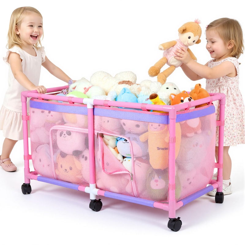 FIOBEE Toy Box for Girls Boys with See-Through Mesh & 360Â° Rotating Wheels Toy Chest Organizer Easy Install Stuffed Animal Storage for Nursery Playroom Toy Storage Bin, Pink - Image 1
