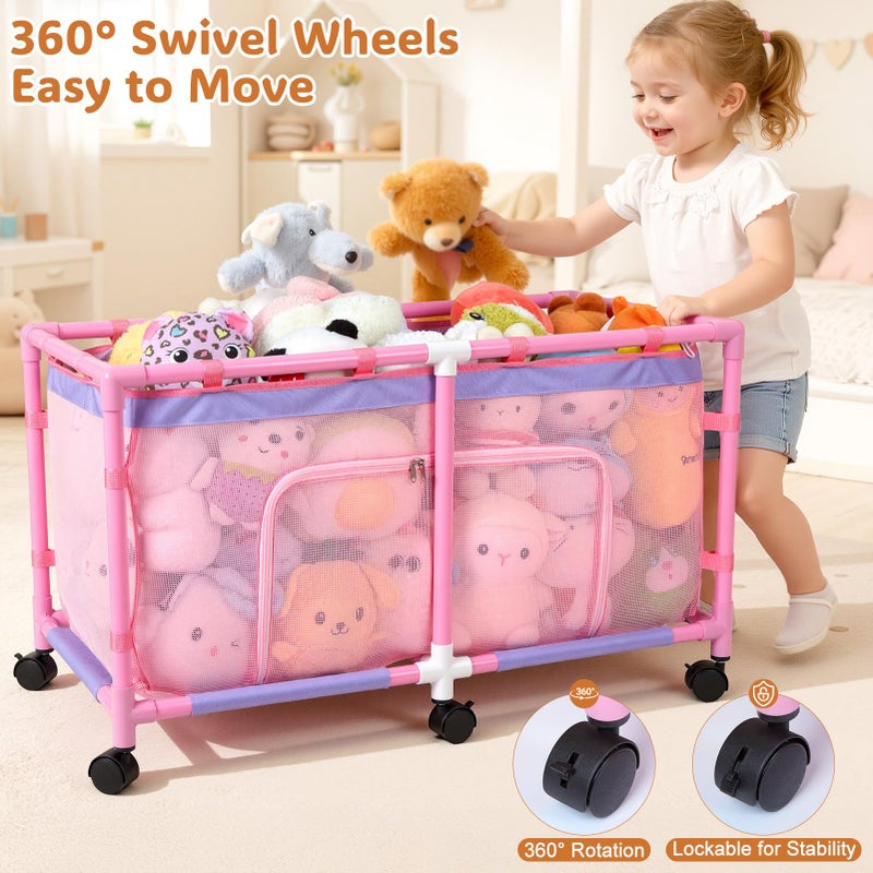 FIOBEE Toy Box for Girls Boys with See-Through Mesh & 360Â° Rotating Wheels Toy Chest Organizer Easy Install Stuffed Animal Storage for Nursery Playroom Toy Storage Bin, Pink - Image 4
