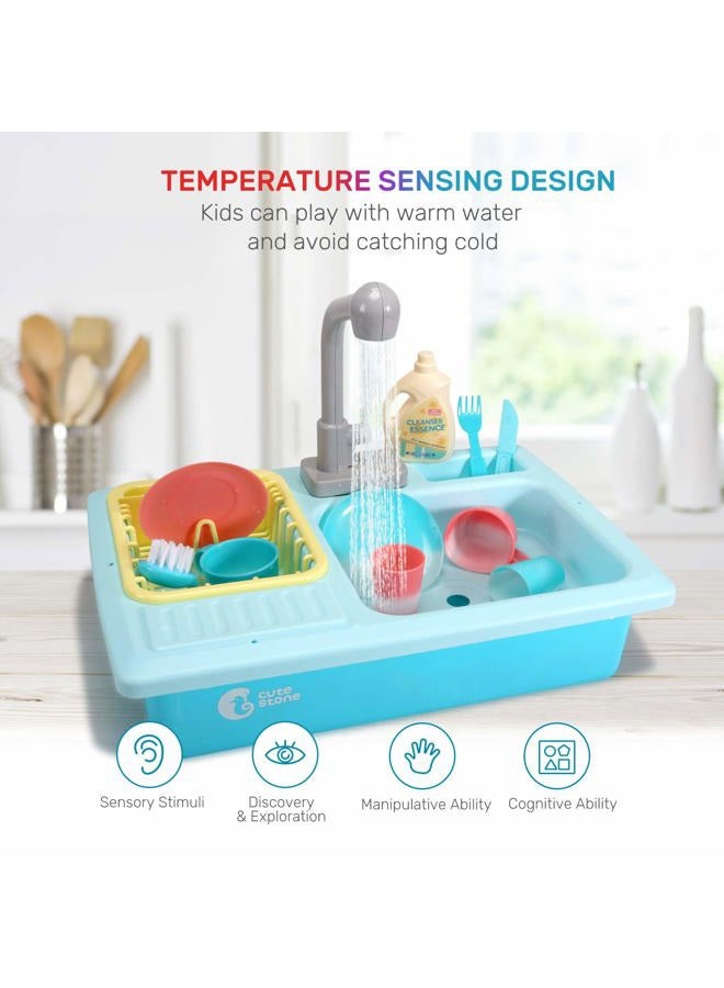 Cute Stone Color Changing Kitchen Sink Toys, Children Heat Sensitive Electric Dishwasher Playing Toy with Running Water, Automatic Water Cycle System Play House Pretend Role Play Toys for Boys Girls - Image 2