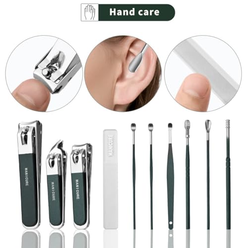 Simois Stainless Steel 10 In 1 Nail Clippers Set Portable Manicure and Pedicure Kit, Travel Mini Nail Kit with Leather Case, Nail File Fingernail Clipper Nail Cutter kit for Men and Women (Pack Of 1) (Dark Green) - Image 5