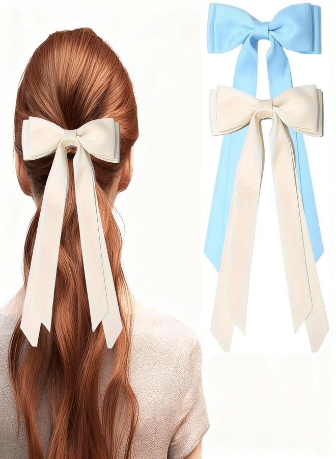 Dladhict Hair Bows for Girls & Women, Satin Hair Ribbon Clips, Blue Beige Hair Bow, 2PCS Elegant Hair Accessories Barrettes for Women Girls Daily Party Christmas Wedding Prom - Image 3