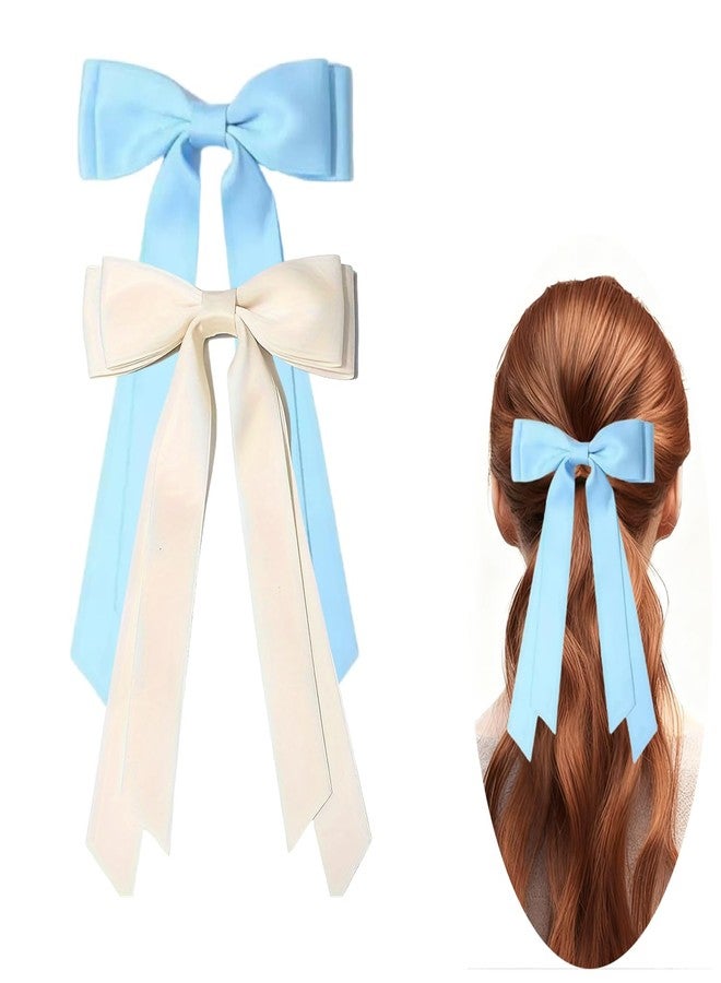 Dladhict Hair Bows for Girls & Women, Satin Hair Ribbon Clips, Blue Beige Hair Bow, 2PCS Elegant Hair Accessories Barrettes for Women Girls Daily Party Christmas Wedding Prom - Image 1