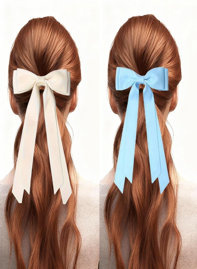 Dladhict Hair Bows for Girls & Women, Satin Hair Ribbon Clips, Blue Beige Hair Bow, 2PCS Elegant Hair Accessories Barrettes for Women Girls Daily Party Christmas Wedding Prom - Image 4
