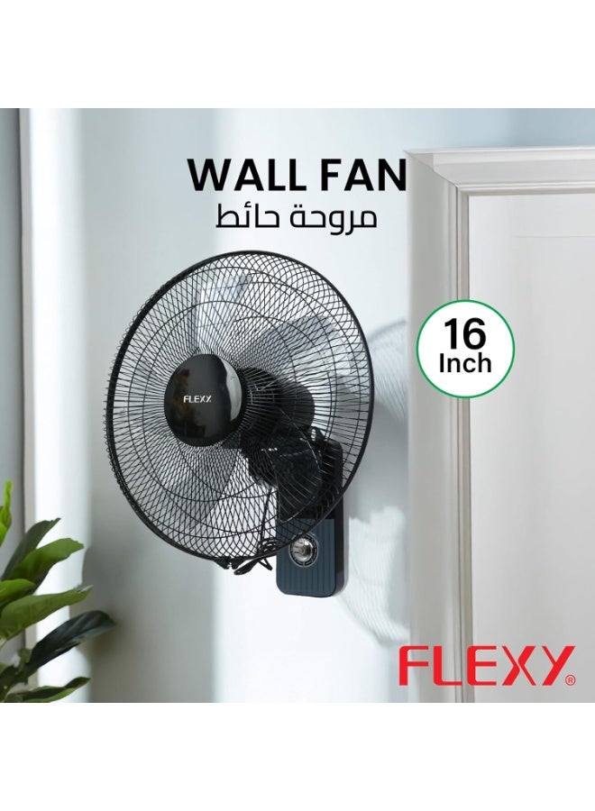 Flexi مروحة كهربائية مثبتة على الحائط بقطر 16 بوصة - مروحة معدنية بثلاث سرعات وتدفق هواء عالي مع دوران 180° - للاستخدام في المنزل، المكتب، الصالة الرياضية، السكن، خيمة الزراعة - تشمل قاعدة تثبيت على الحائط - Image 1