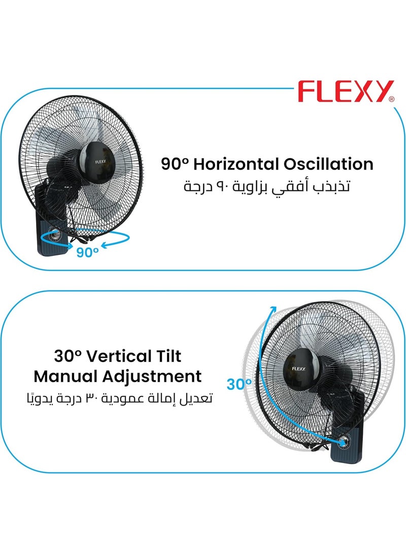 Flexi مروحة كهربائية مثبتة على الحائط بقطر 16 بوصة - مروحة معدنية بثلاث سرعات وتدفق هواء عالي مع دوران 180° - للاستخدام في المنزل، المكتب، الصالة الرياضية، السكن، خيمة الزراعة - تشمل قاعدة تثبيت على الحائط - Image 4